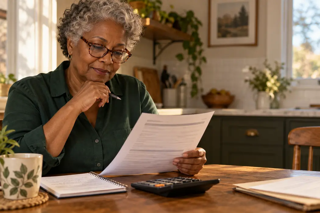 A borrower reviewing a loan disclosure and calculator at her kitchen table