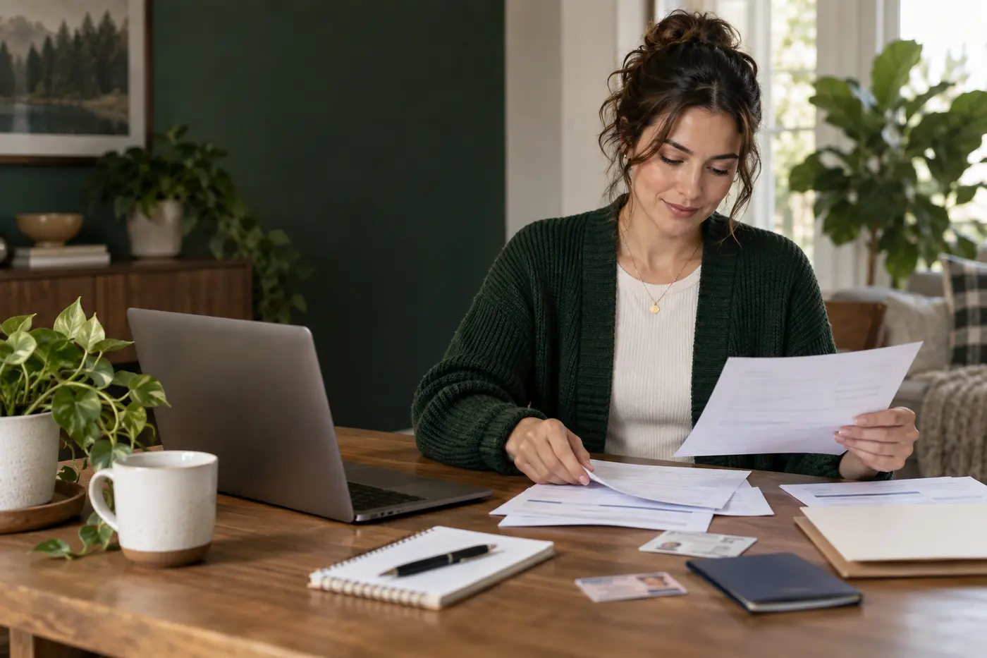 A woman completing an online loan application at home