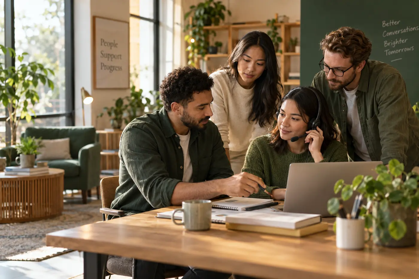 A customer support team reviewing information together